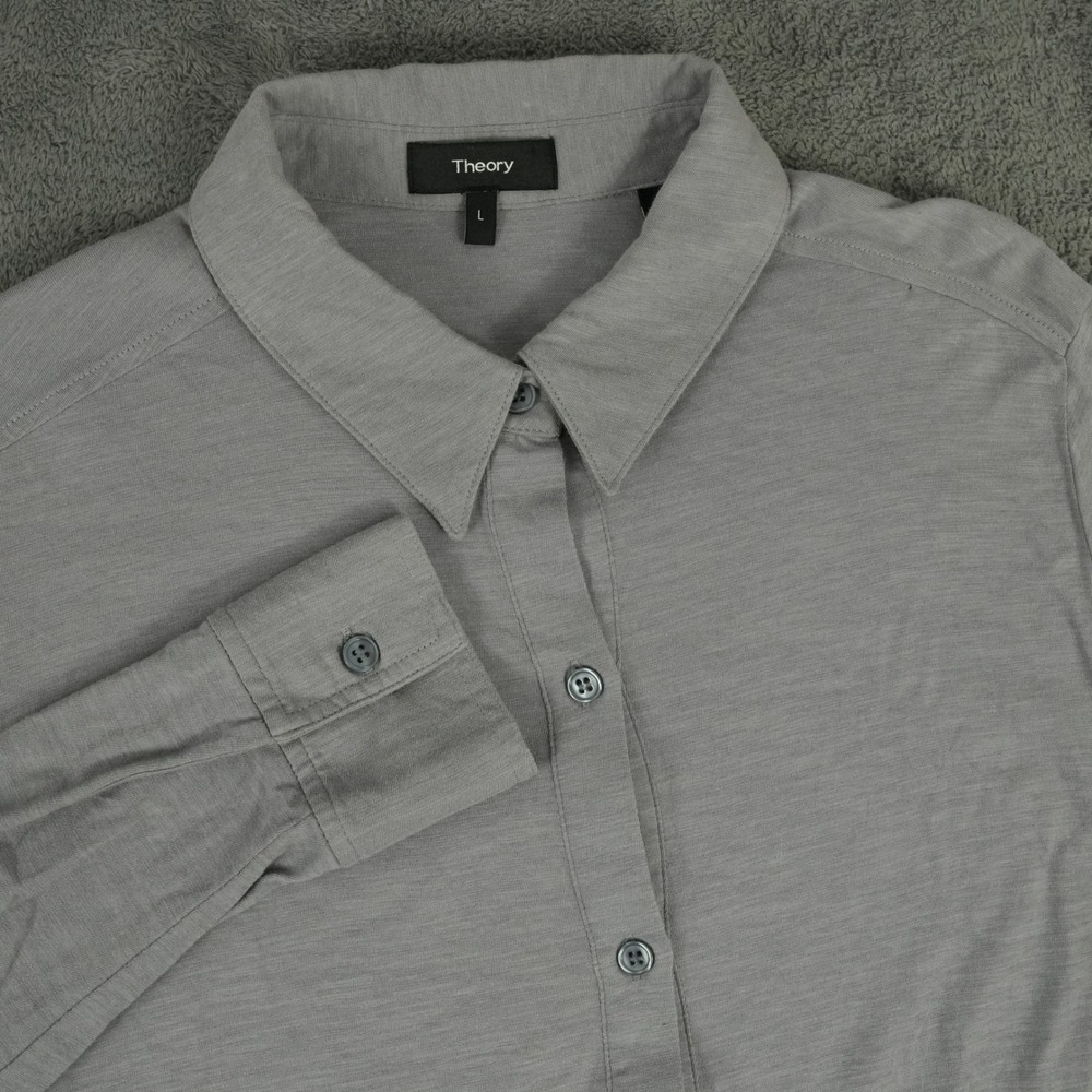 Theory Riduro R Sea Slub Button Down Shirt Women L Gray Long Sleeve Professional